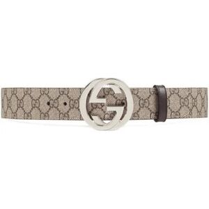 Gucci Beige and Brown Monogram Belt with Silver Logo Buckle